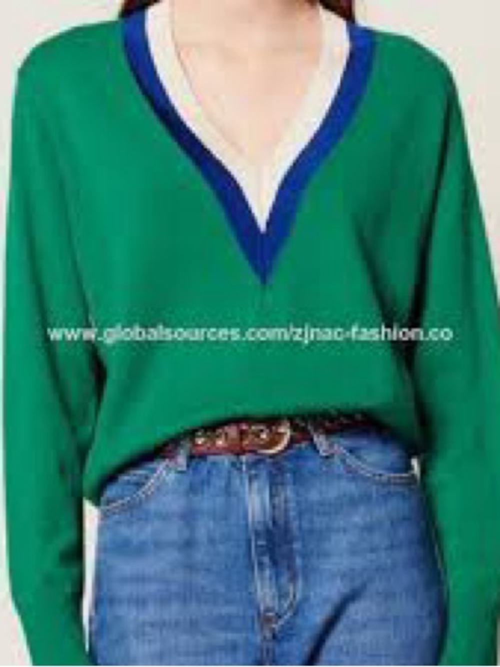 Sandro Green V-Neck Sweater with Blue and Cream Trim